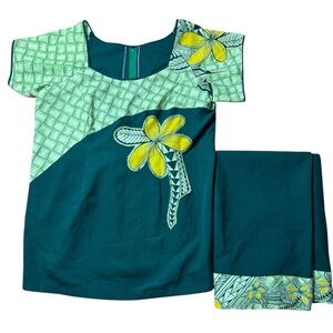 Green and Yellow Floral Top and Skirt lavalava set